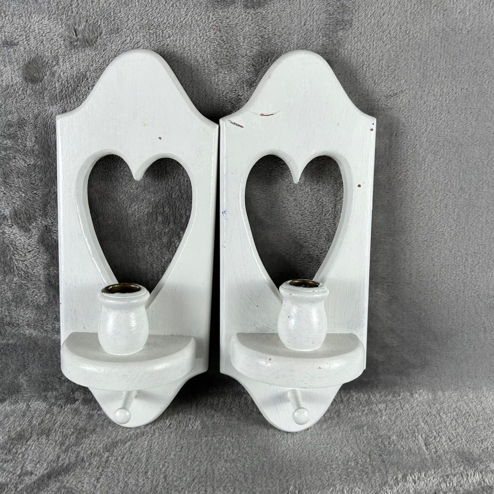 Vintage White Wood Heart Wall Sconce Candle Holder Pair Farmhouse Decor Set of 2